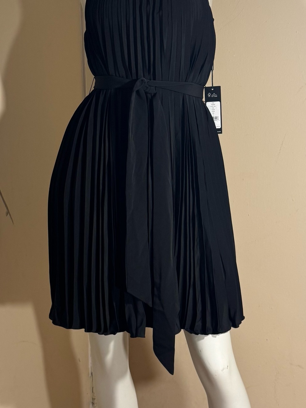 Karl Lagerfeld Black Pleated Sleeveless Dress with Waist Tie